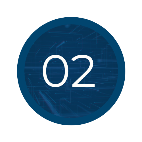 Digital blue circular interface displaying the number 02 with futuristic digital lines and patterns in the background.