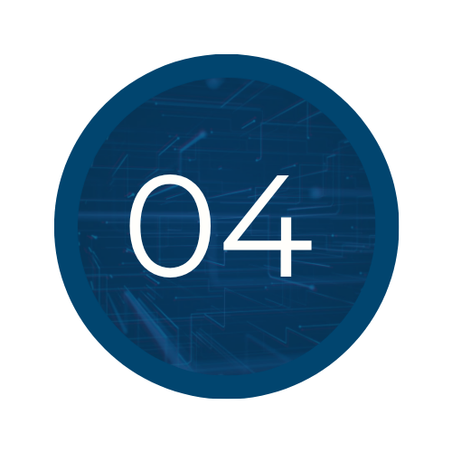 A circular digital graphic with the number '04' in the center, featuring a futuristic blue background with circuit-like patterns.