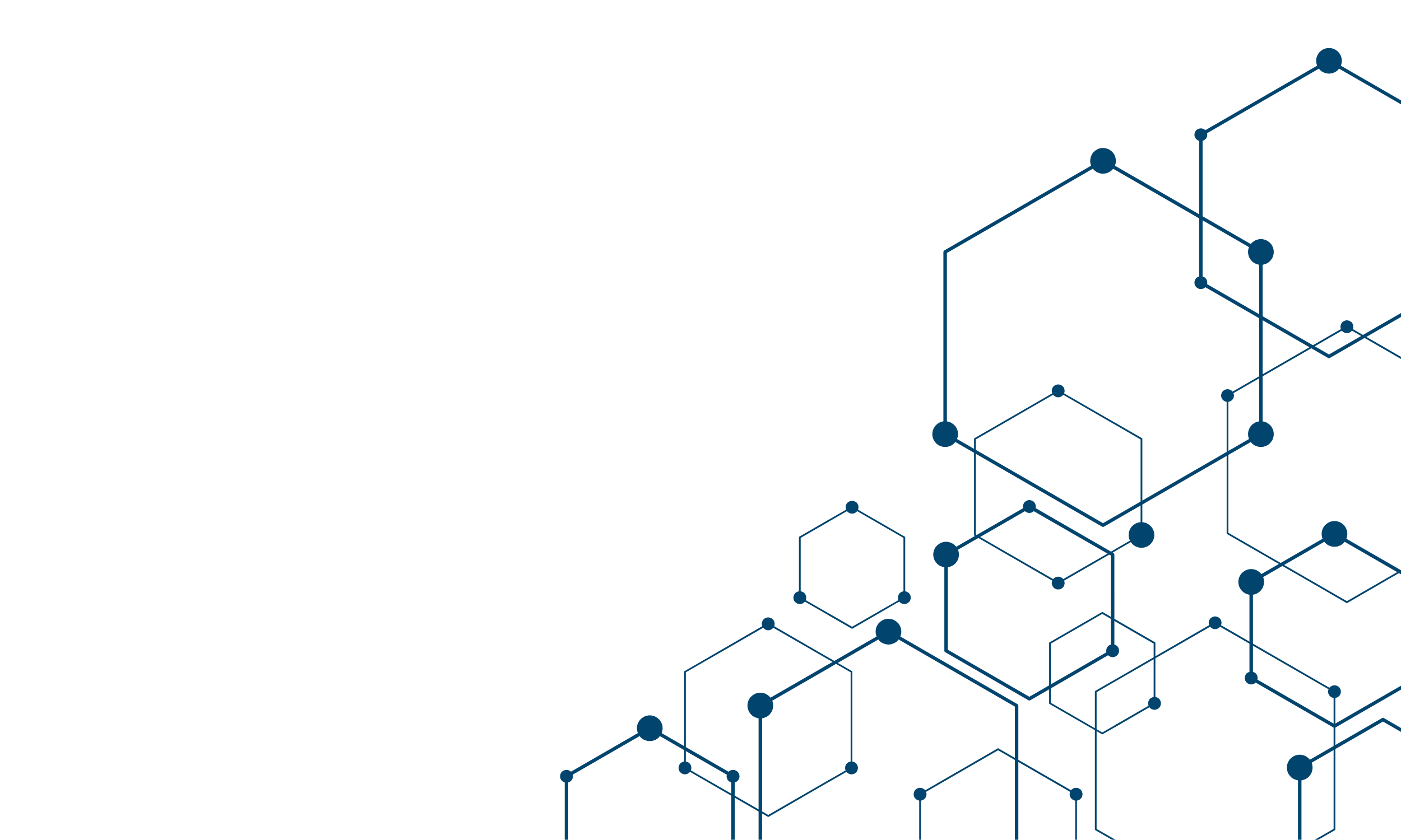 Abstract digital network with interconnected blue hexagons and circles.