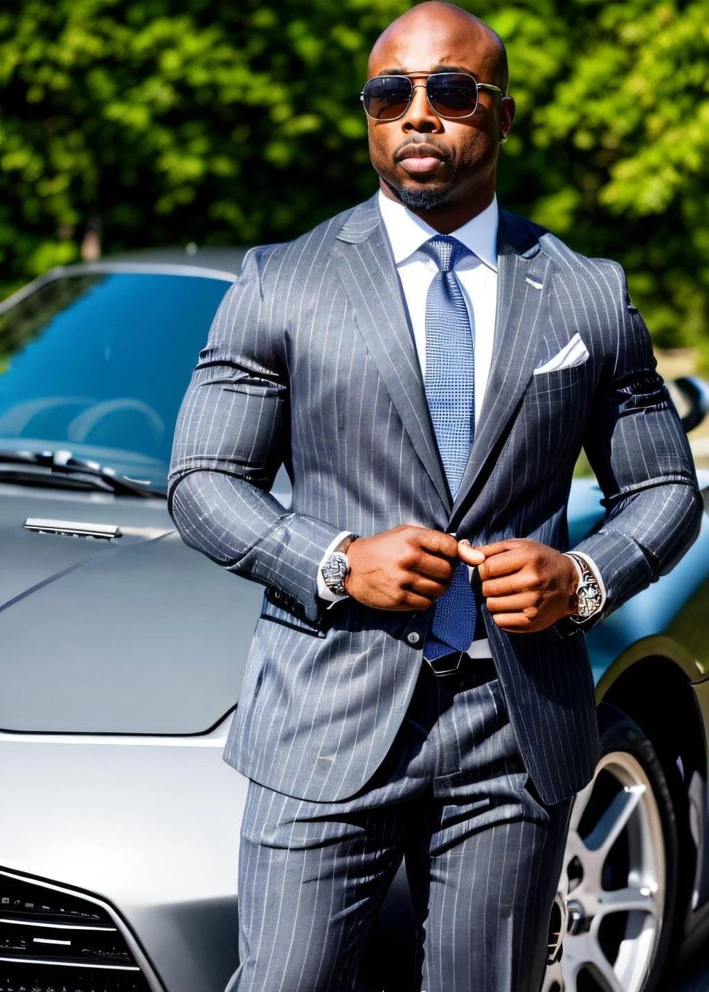 A man wearing a pinstripe suit and sunglasses standing in front of a luxury car outdoors.