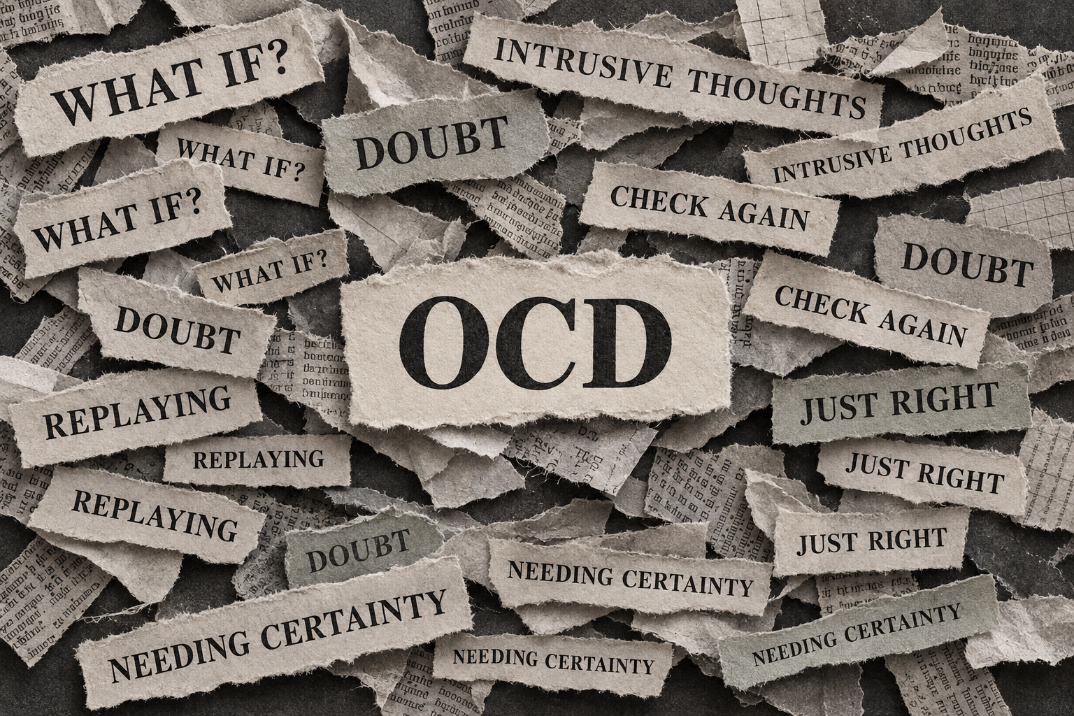 Collage of torn newspaper pieces with words related to OCD, including 'OCD' in the center, surrounding words like 'what if?', 'doubt', 'intrusive thoughts', 'check again', 'just right', 'replaying', and phrases 'needing certainty'.