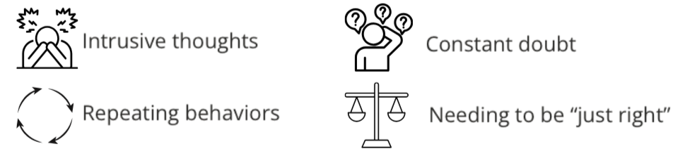 Flowchart showing behaviors: Intrusive thoughts and Repeating behaviors on the left, Constant doubt and Needing to be 'just right' on the right.
