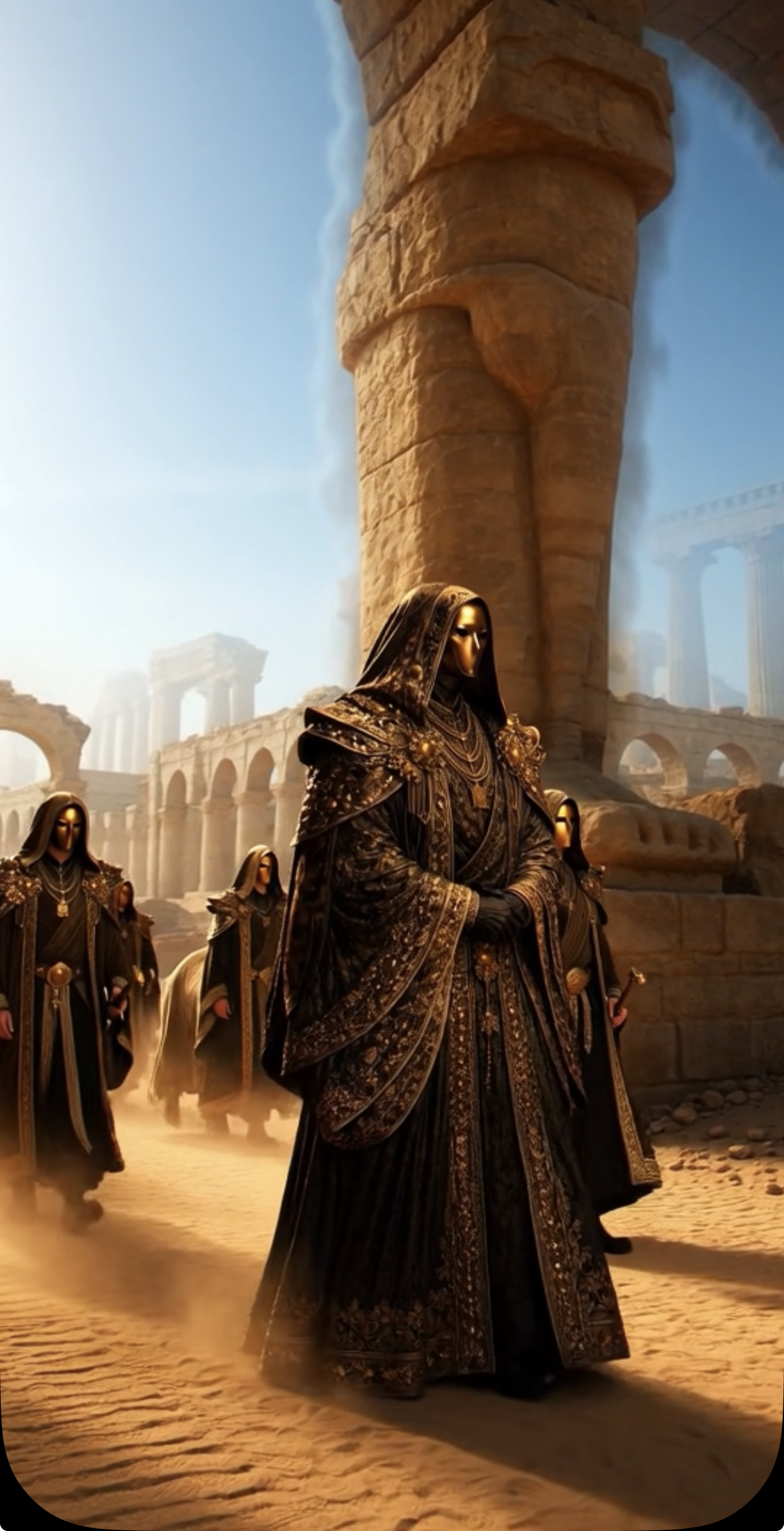A group of figures dressed in elaborate, dark, ornate robes and masks walking through an ancient, ruined city resembling a fantasy or historical setting, with large stone arches and columns, and a dust-filled atmosphere.