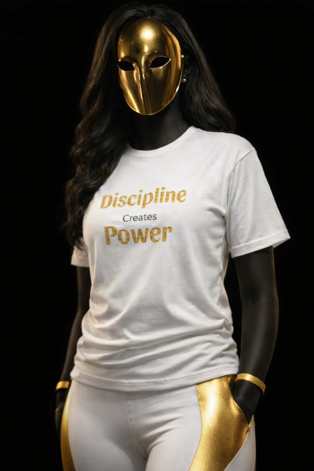 A woman wearing a shiny gold mask, a white T-shirt with gold text, and white pants with gold accents, posed against a black background.