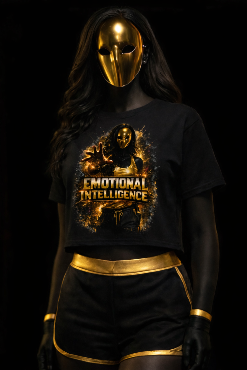 A woman wearing a golden mask, a black t-shirt with a graphic and the words 'Emotional Intelligence,' gold-trimmed black shorts, and black gloves, standing in front of a dark background.