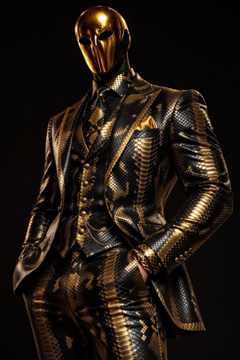 A person in a shiny gold and black snakeskin-patterned suit and tie, wearing a gold mask with no facial features, posing against a black background.