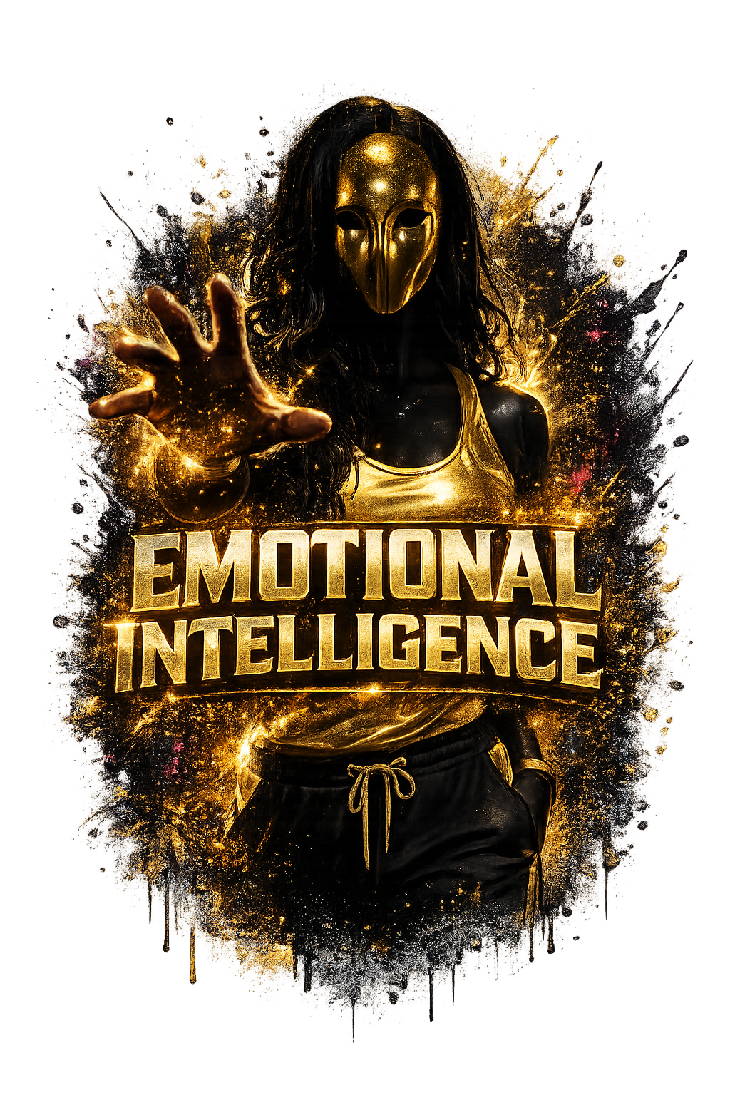 A person wearing a gold mask and gold clothing with long dark hair, reaching out with one hand, with the words 'Emotional Intelligence' in bold gold letters below. The background has black and gold splashes and effects.