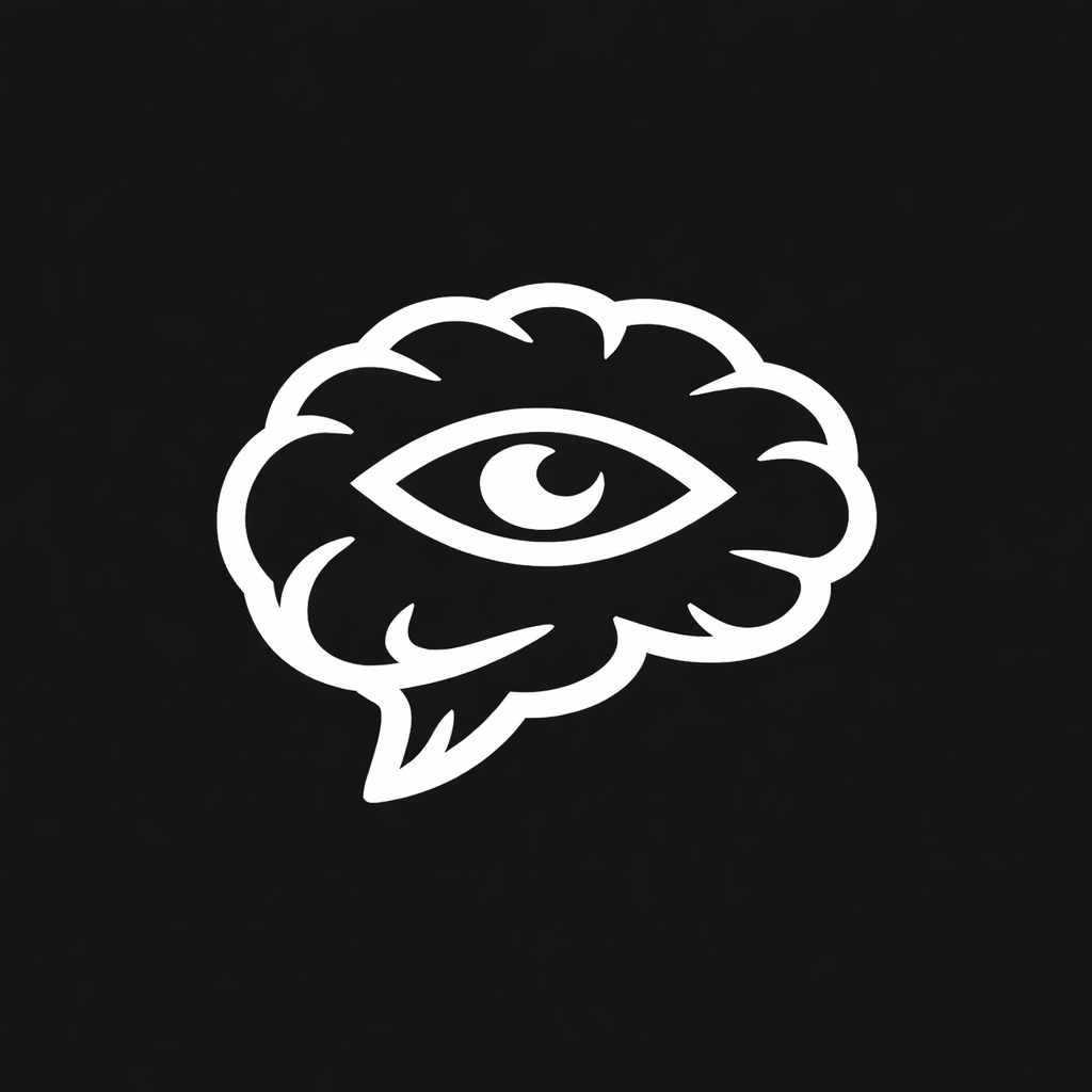 A black background with a white line art of a cloud and an eye in the center.