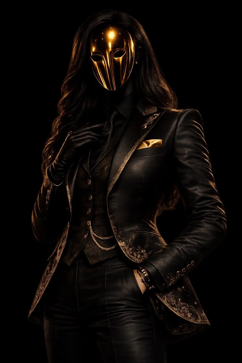Person wearing a gold metallic mask, black suit with gold accents, standing in a dark setting.