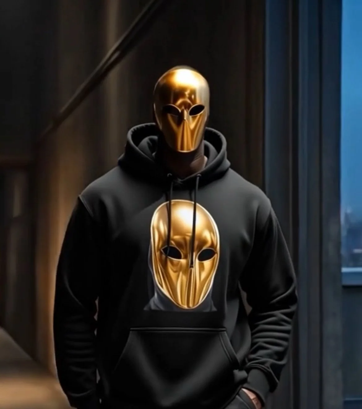 Person wearing a black hoodie with a large gold metallic mask printed on the front and a matching gold mask on their face, standing indoors near a window.