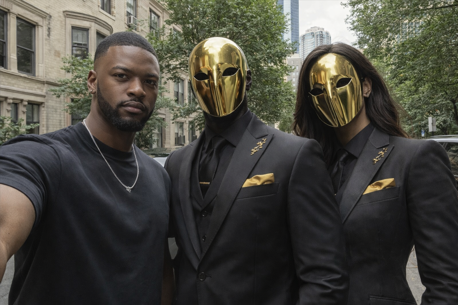 A man in a black t-shirt taking a selfie with two individuals wearing black suits and gold masks with matching gold accents on their lapels, standing outdoors in an urban setting with trees and buildings in the background.
