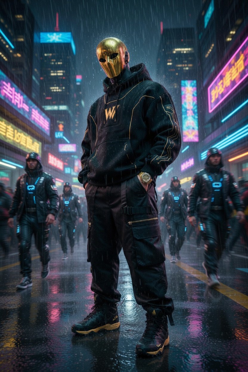 A person wearing a gold mask and black hoodie stands with hands in pockets amidst a group of similarly dressed people in a neon-lit city street at night.