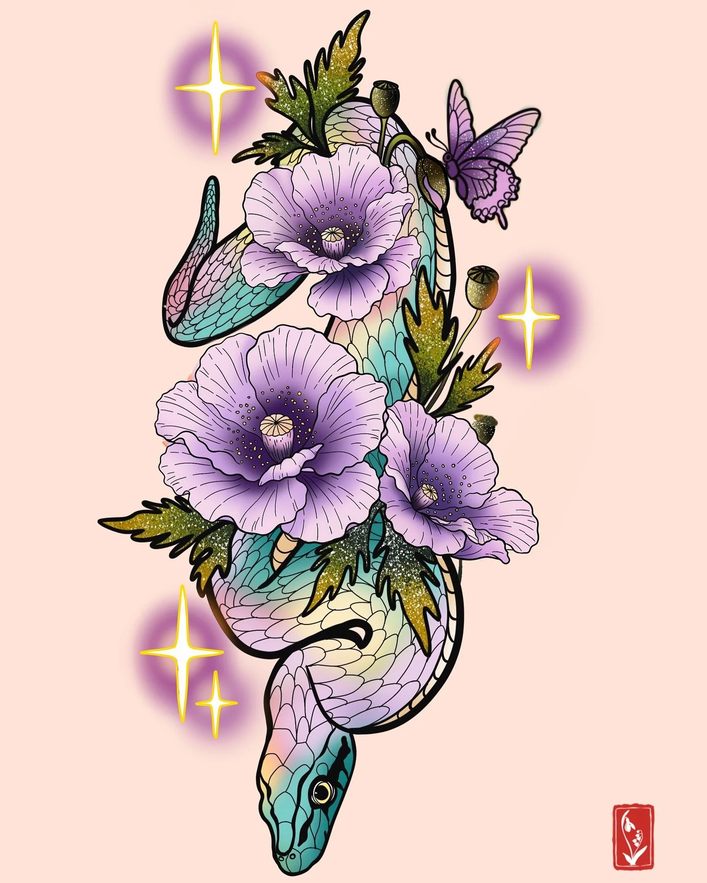 Another out of nowhere snake flash drop ❤️ Hope it can find a lovey forever home. DM me to claim. 

#tattooflash #portlandtattoo #snaketattoo #dangernoodle #dreamyart #animetattoo
