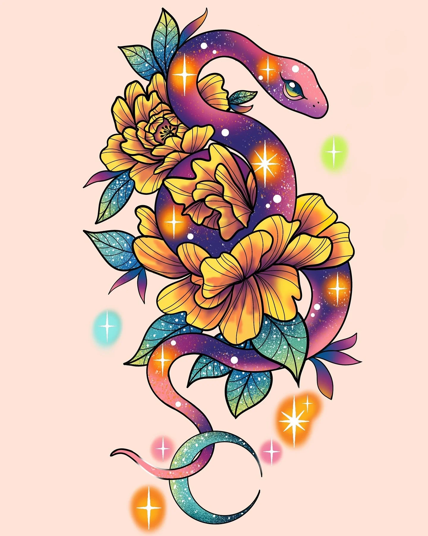 ❤️ Claimed ❤️ 
New snake flash , I really love this kinda dreaming color for this one.  Hope it can find a lovey forever home.

#tattooflash #portlandtattoo #snaketattoo #dangernoodle #dreamyart #animetattoo