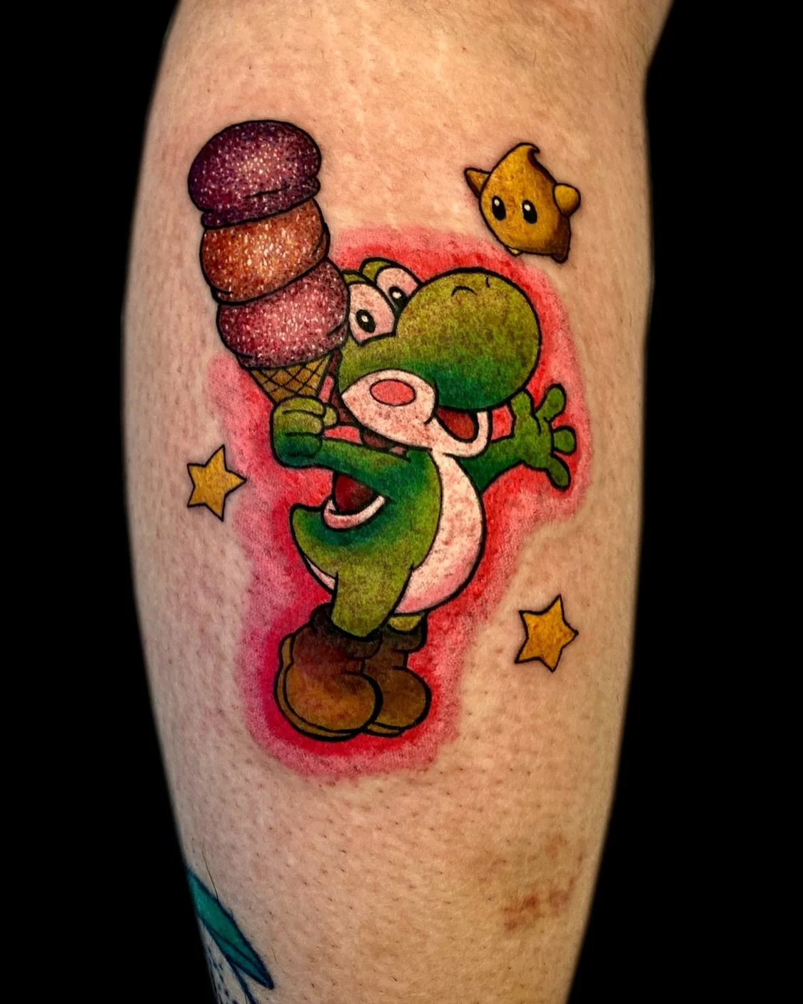 What&rsquo;s your favorite character from Super Mario Brothers? Mine is Yoshi ❤️ 
Thank you Brenda 😆 

#glittertattoo #pdxtattoo #animetattoos #supermariobros #yoshi #supermariotattoo #yoshitattoo #oregontattoo #pdxtattoos #glitter #gamertattoo