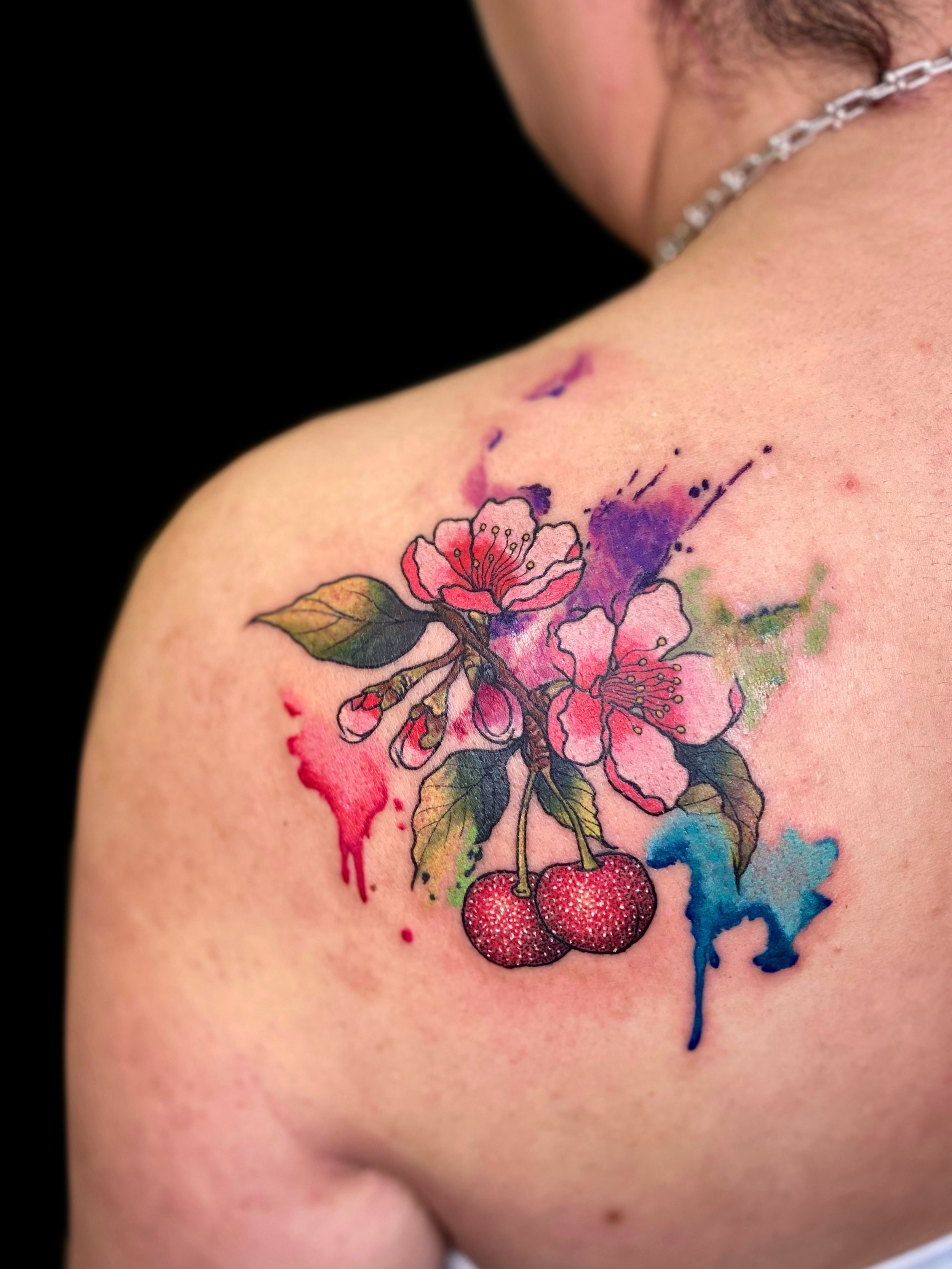 This is the prettiest memorial tattoo ❤️ 
Thank you Ali for your trust.  It&rsquo;s an honor to make it happen for you. 

#glittertattoo #watercolortattoo #pdxtattoo #cherryblossomtattoo #cherrytattoo