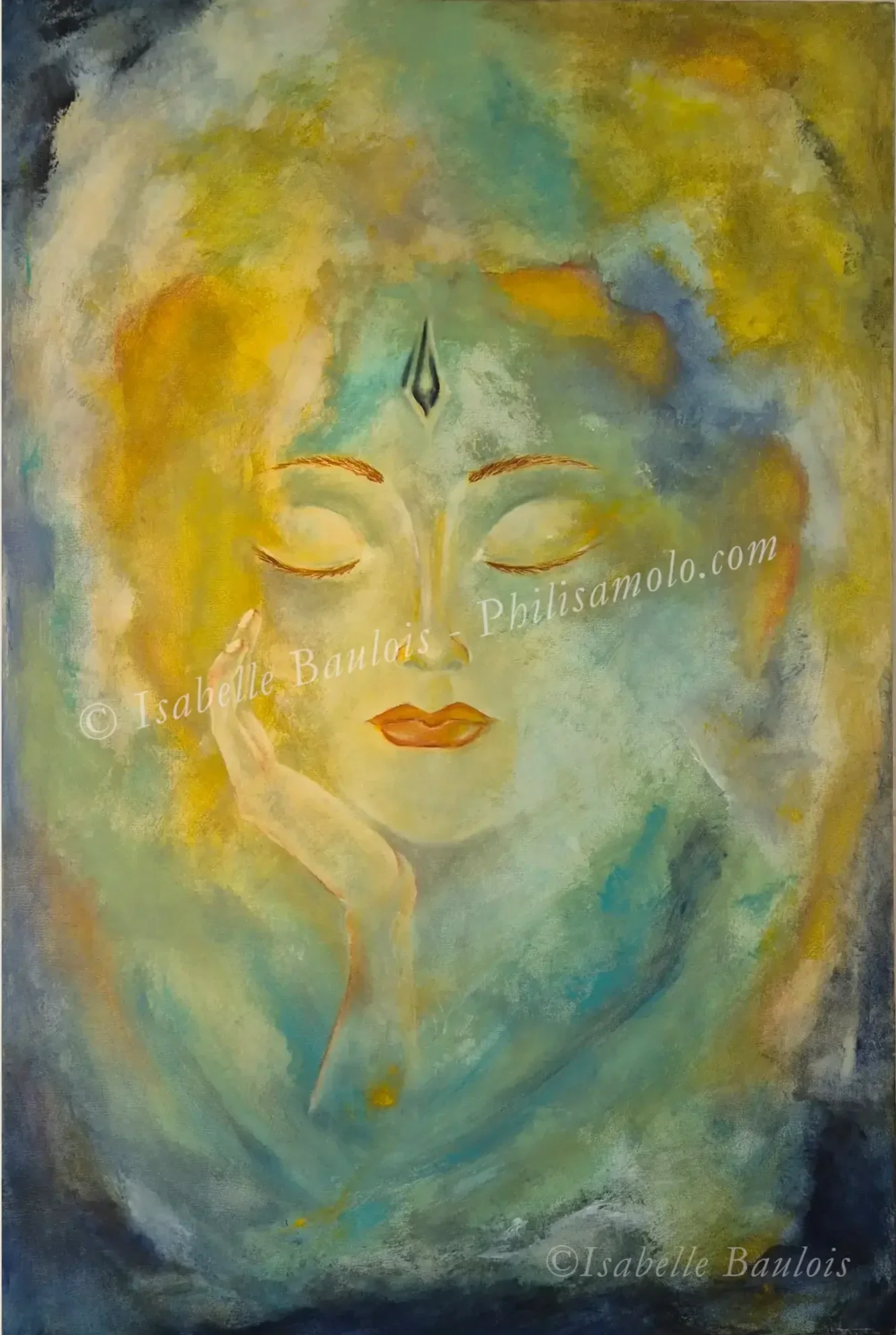 Title: Divine Intuition - 

This ethereal portrait features a serene angelic face in a palette of seafoam green, warm yellow, and deep blue, evoking spiritual wisdom and peace. The central third eye symbolizes a deep, unwavering intuition and inner v