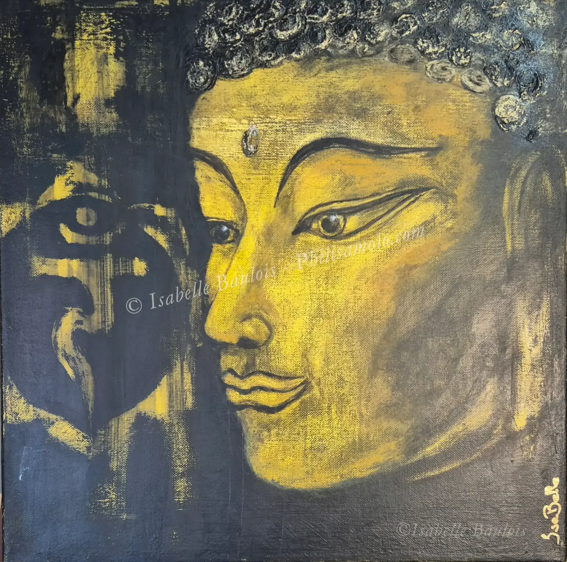 Title: Transcending Ego - The essence of divine willpower, with the golden Buddha emerging from the shadow of self-doubt, symbolizes the awakened solar plexus, the core of personal power and purpose. One must transcend the ego and inner turmoil to ac