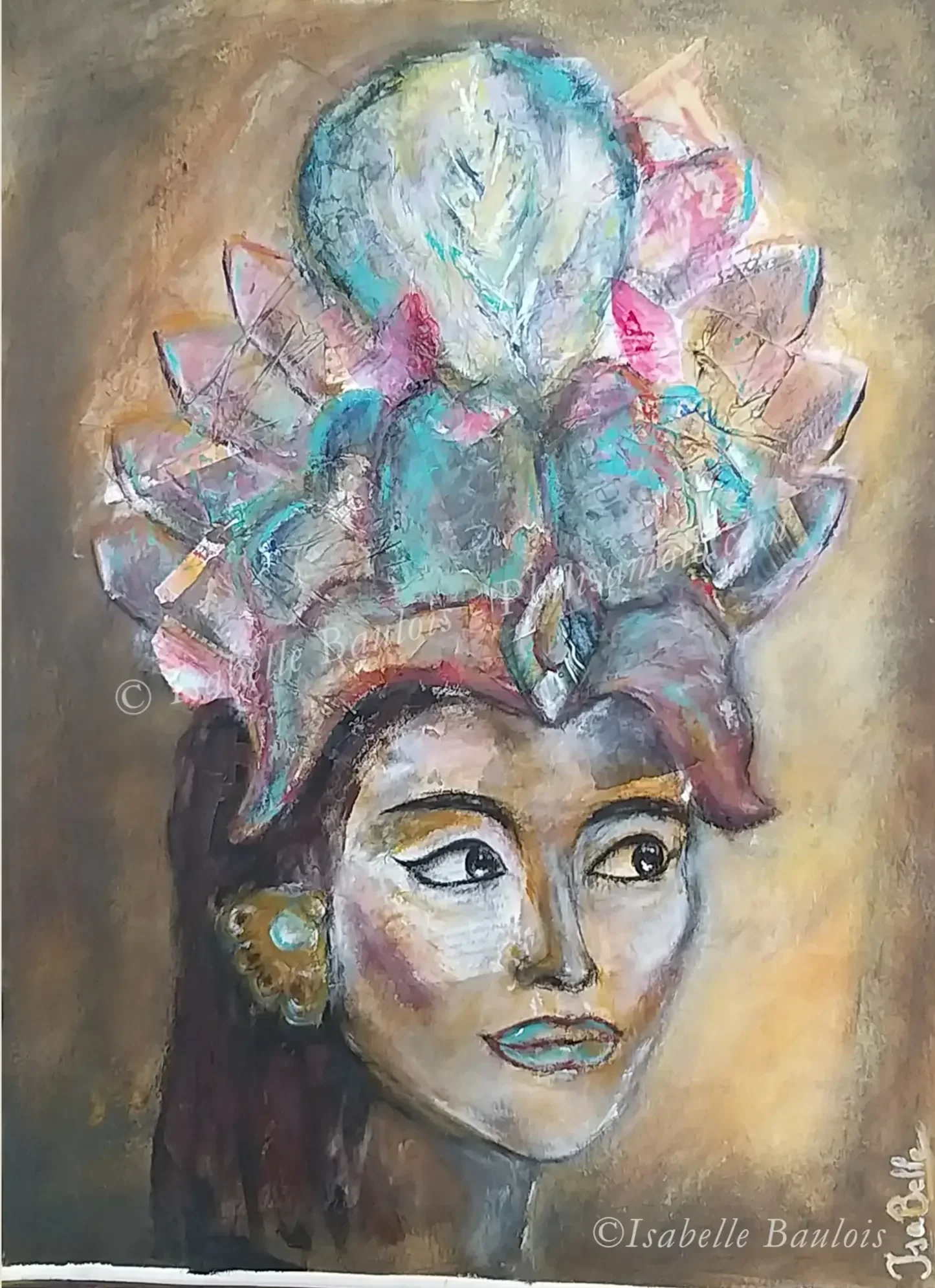 Title: The Crown - Unity of the cosmos and the earth: With every petal and feather in her crown, she declares the unity of all things. Her crown is the meeting point of the sky's wisdom and the earth's rooted strength. - Acrylic & collage - Watercolo