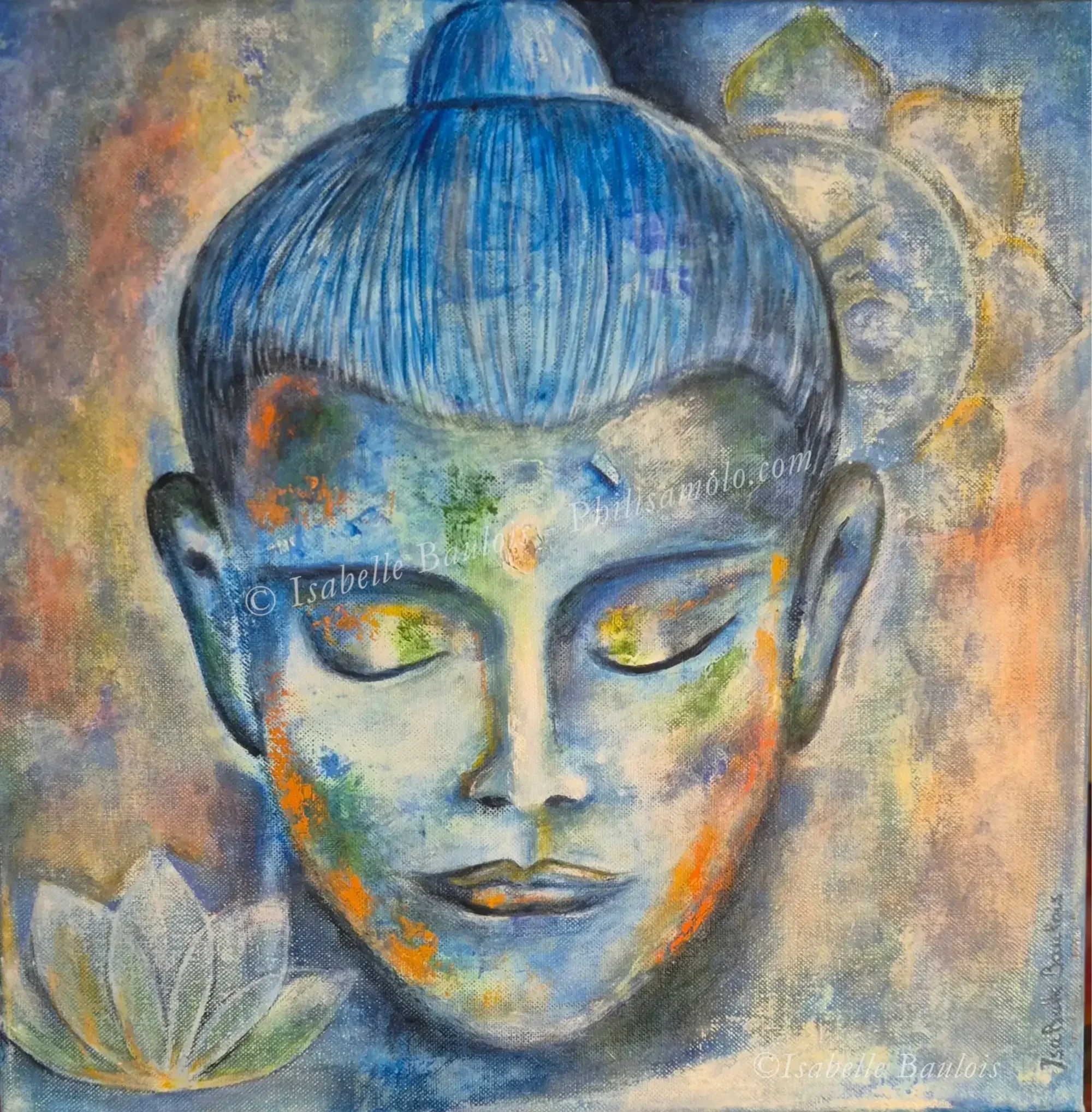 Title: Silent Truth - The serene face, washed in the hues of a deep sea, holds the silent wisdom of the sacred space where truth resides. In the gentle closing of the eyes, there is a profound knowing that true communication begins with the quiet pur