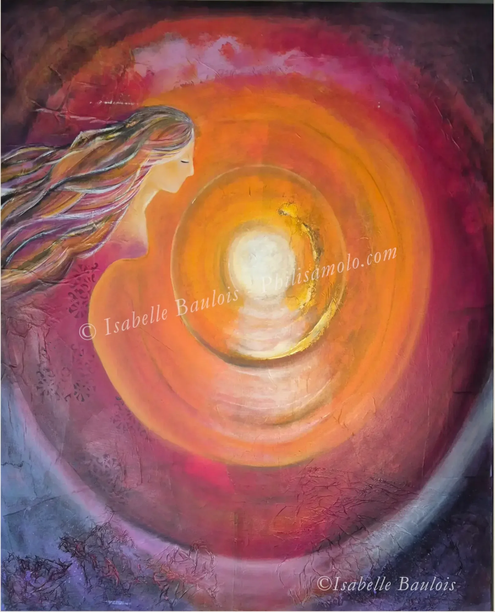 Title: Nexus Of The Soul - The central, bright sphere is the divine spark, surrounded by a vortex of creative energy in swirling red, orange, and purple hues. The figure is a spiritual guide, whose hair merges with the cosmic background, symbolizing 