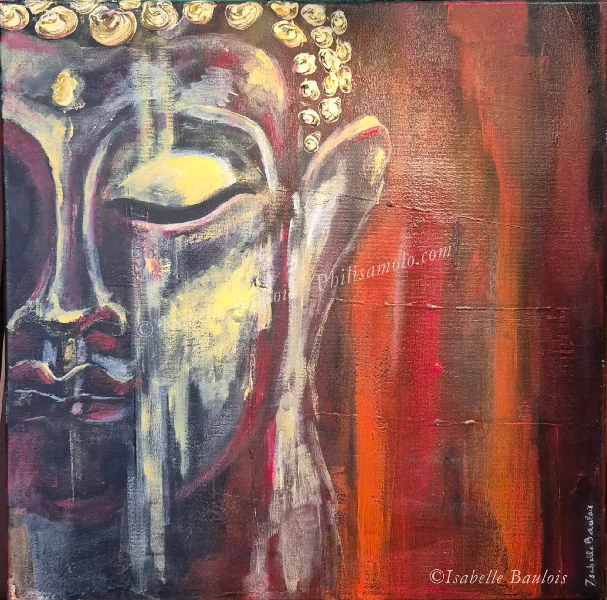 Title: Earthly Nirvana - The earthy, warm colors create a feeling of stability and connection to the material world, while the serene, half-closed eyes of the Buddha suggest an inward focus and meditative state. This combination of grounded, tangible