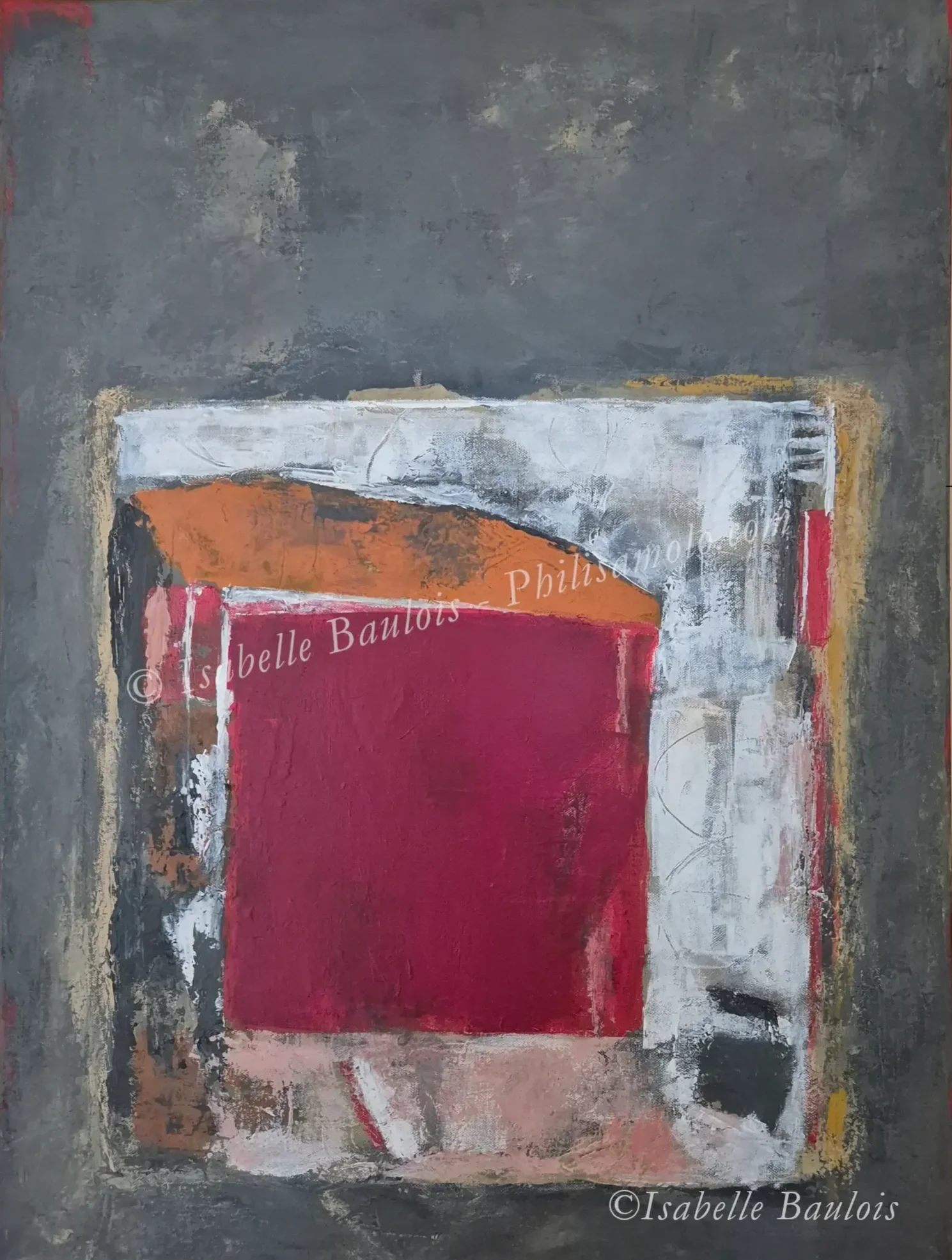 Title: Fire Of Creation - A vibrant heart of red burns within a silent, grey world, a sacred fire of life and divine passion that radiates a warm glow of comfort. Acrylic on canvas 23.5X19.75