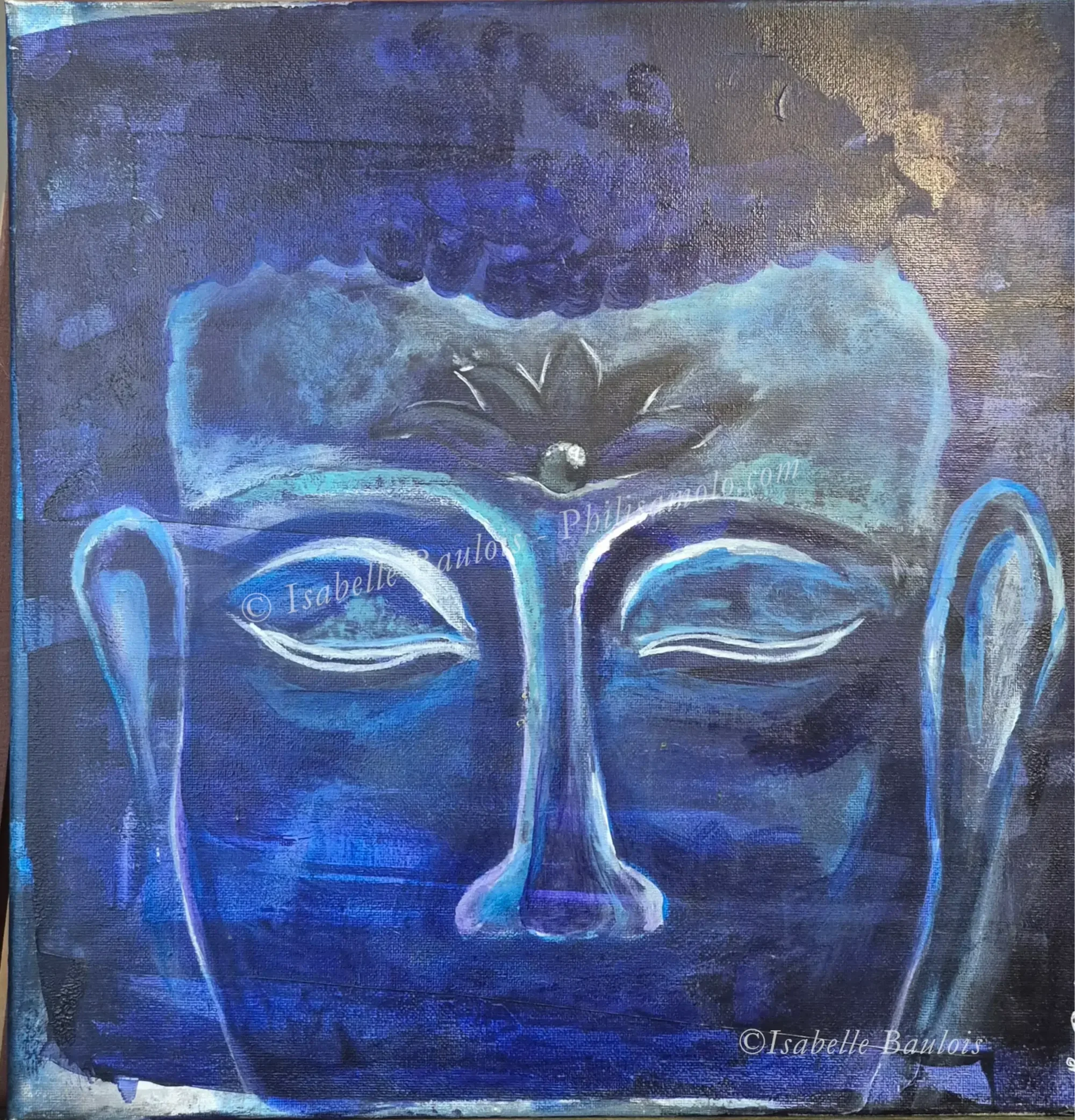 Title: Intuition's Blue Lotus - The canvas whispers in shades of twilight and deep ocean. The deep blues symbolize a calm spirit and profound wisdom. At the third eye, a blue lotus unfurls, an ethereal blossom of intuition blooming from the mind's tr