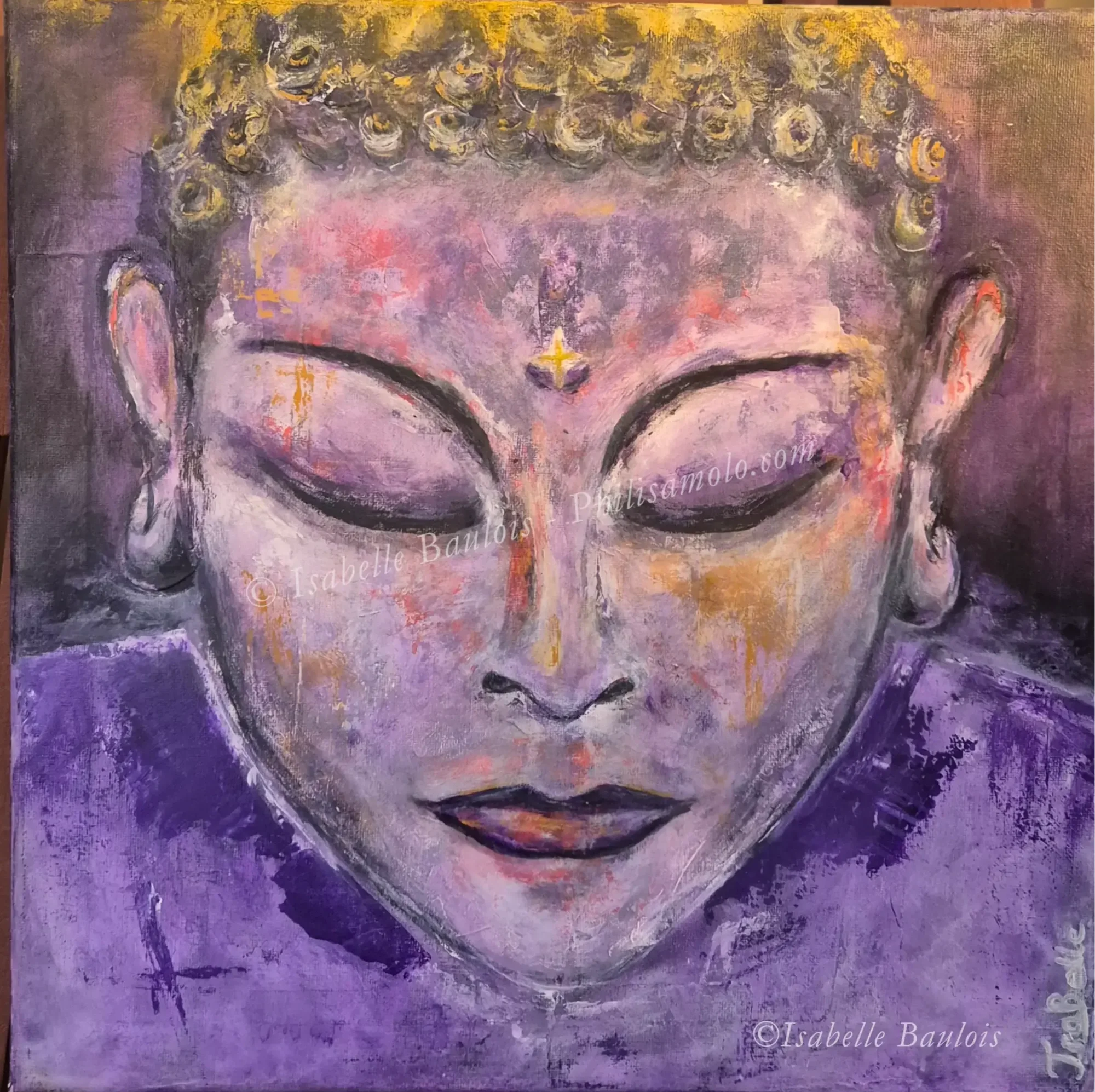 Title: Oneness - A serene Buddha, bathed in the spiritual hues of purple and golden light. The third eye awakens with a star's glow, whispering of unity and the cosmic dance of the chakras, a silent harmony made visible on canvas. Acrylic on canvas 1