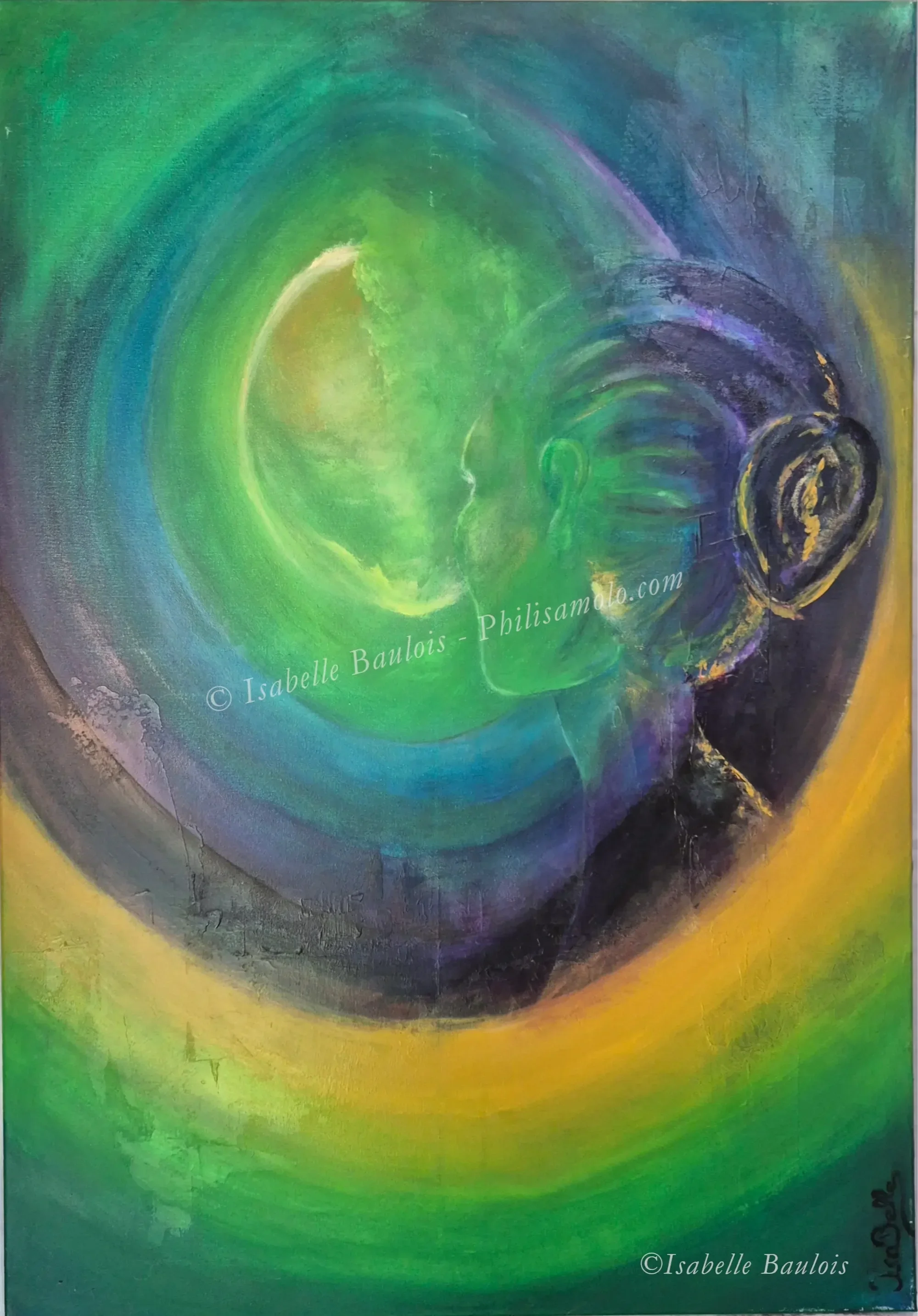 Title: The Quiet Encounter - An image of the stillness in which we meet each other most truthfully. This piece presents a space where distractions and divisions are set aside, what remains is the simple act of being. Acrylic on canvas 27.5X39.5