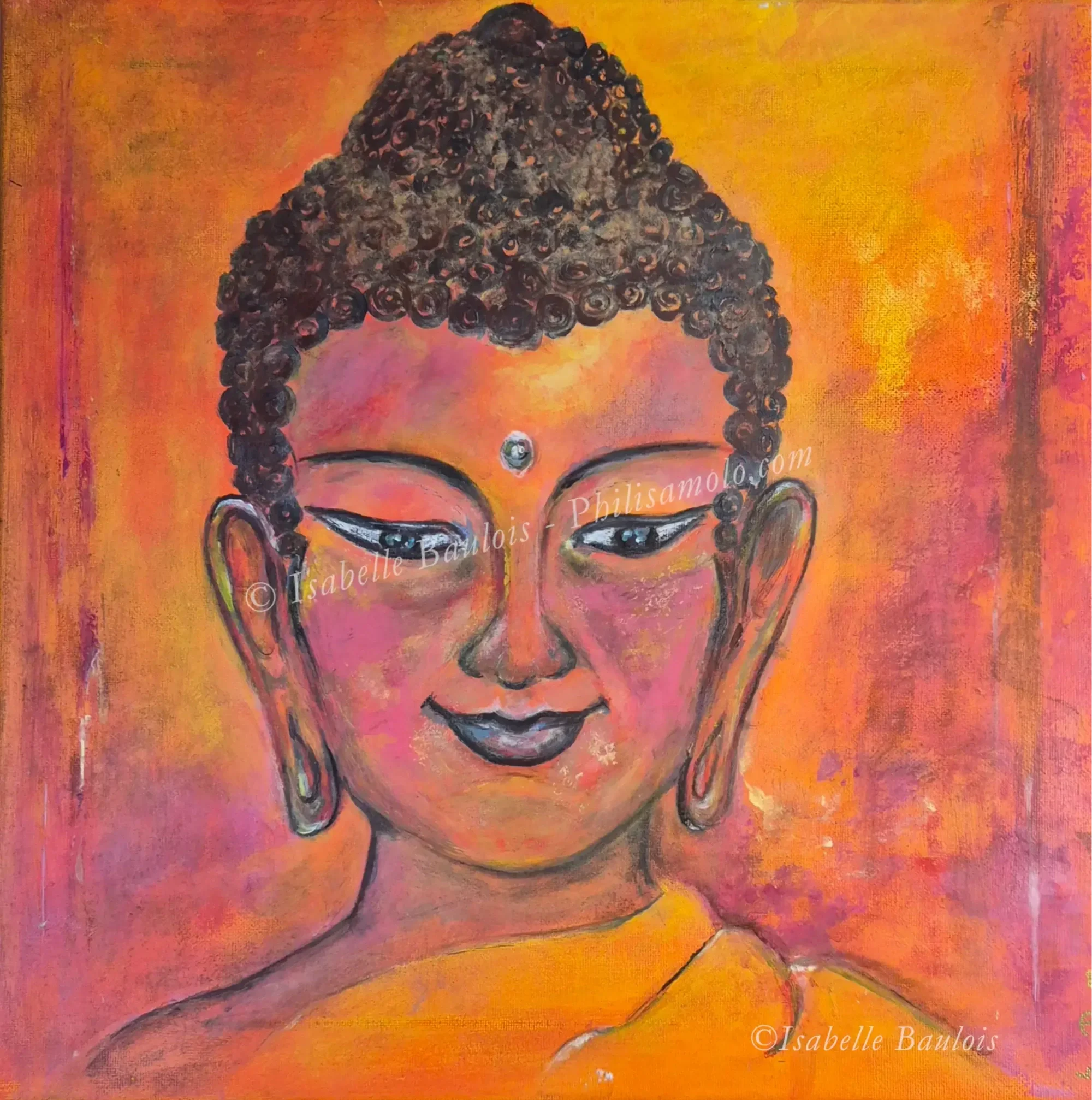 Title: Joyful Flame - The painting's glowing orange tones evoke the sacral chakra, a vibrant wellspring of creativity and emotion. The Buddha's serene expression, set against this backdrop, suggests a quiet harmony—a state where the river of feeling 