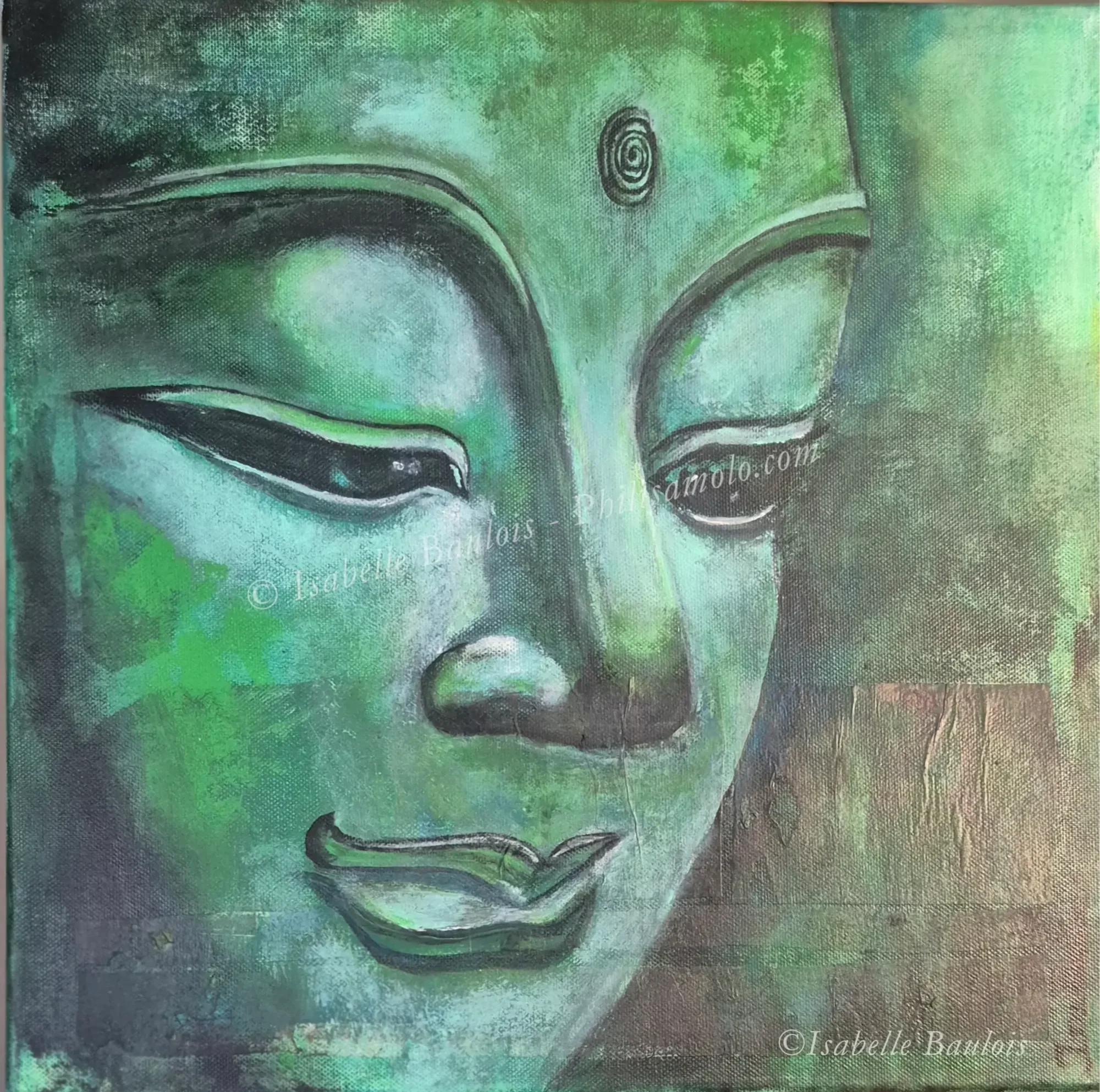 Title: Jade Compassion - I have breathed life into the canvas with an ocean of green in a Buddha's face. His emerald gaze holds the universe's sorrow without succumbing to its weight, a silent prayer of compassion. This is the heart chakra's art, whe