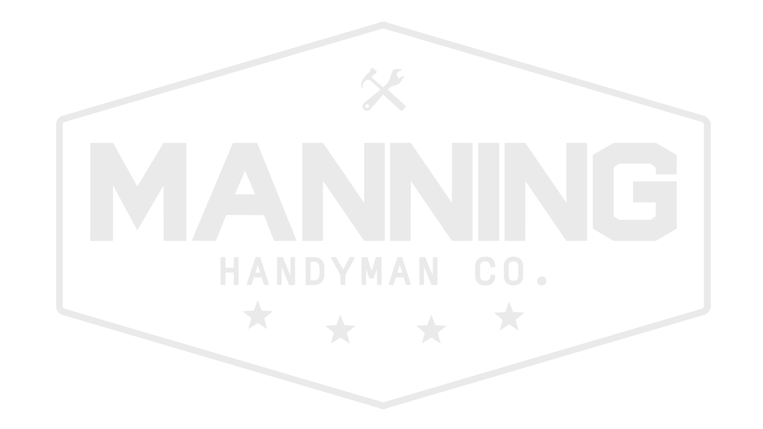 Black and white logo for a home improvement business called 'Manning Handyman Co.' with a pentagon shape outline, a hammer and wrench crossed at the top center, and stars at the bottom.