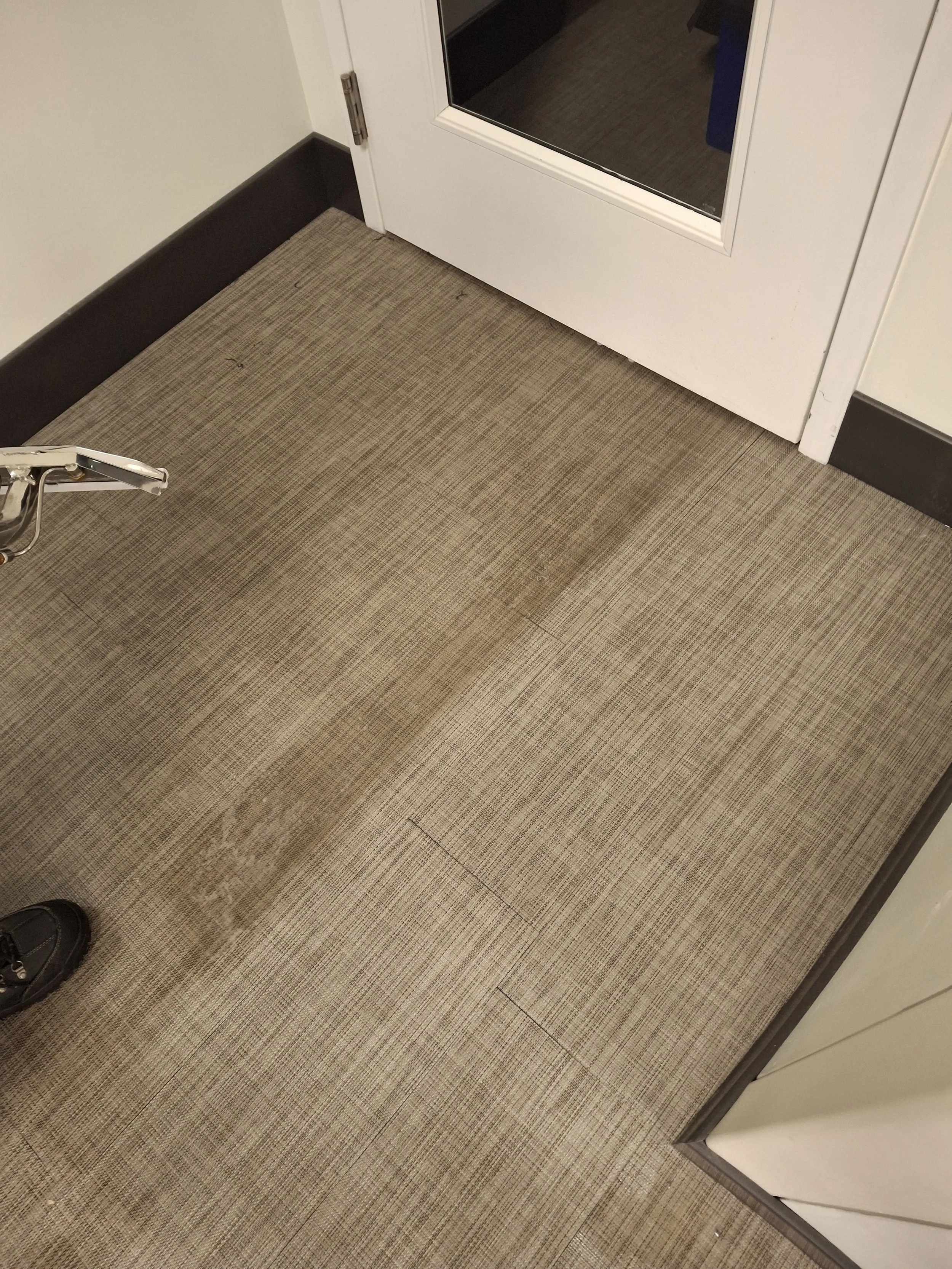 Dirty line on left side and clean line on right side in marine carpet tile inside pool facility in Evansville, Indiana