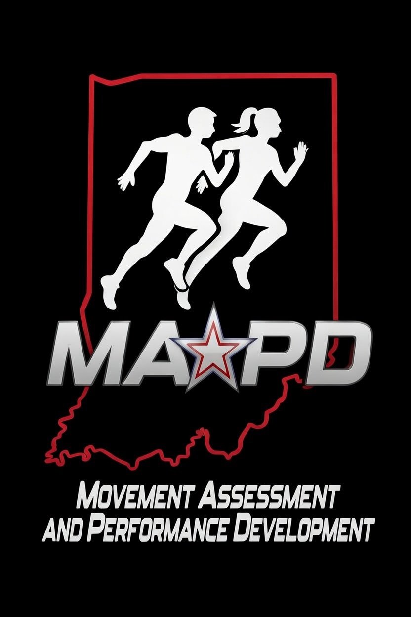 Logo featuring two white silhouettes of a man and woman running, outlined by a red border shape of the state of Indiana. Below is the text "MAPD" with a star in the letter "A." Underneath, the text reads "Movement Assessment and Performance Development."