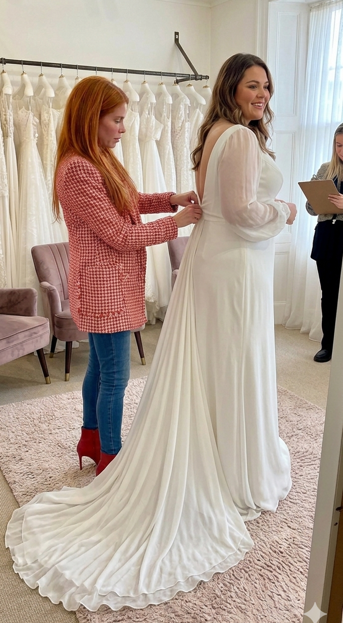 A curvy bride trying on a white wedding dress with a long train in a bridal boutique, assisted by a bridal stylist, Mariela Resta, a woman with red hair adjusting the dress.