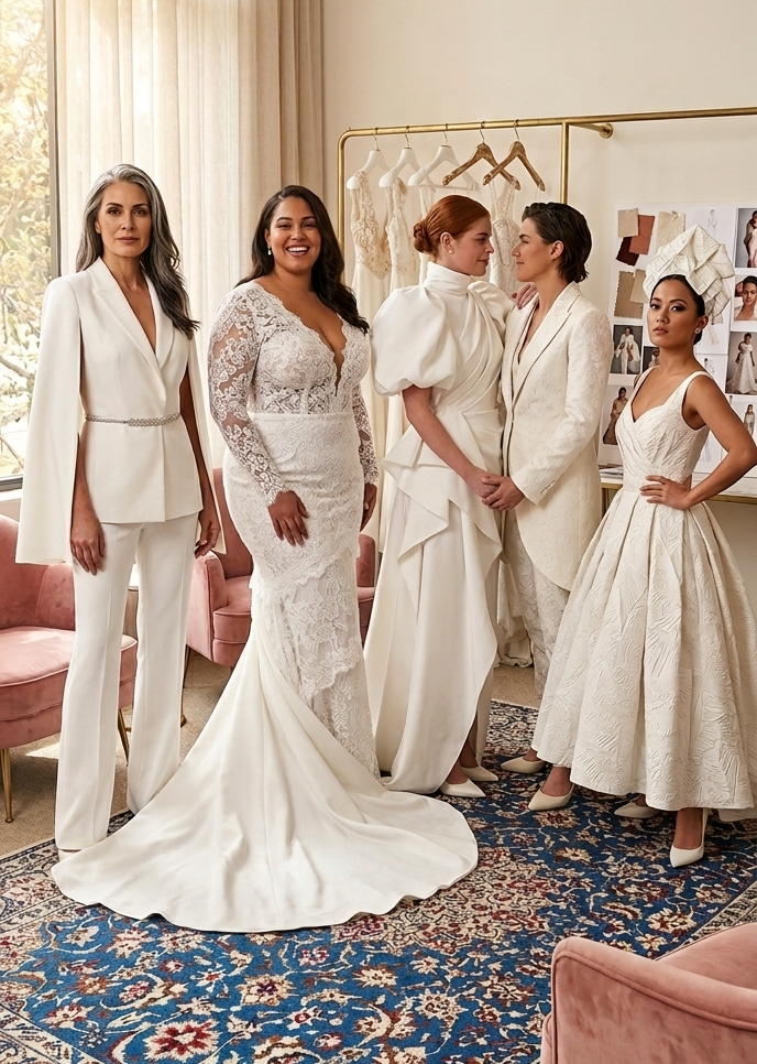 Five women, non traditional brides, in elegant white dresses and suits in a room with natural light and a patterned rug.