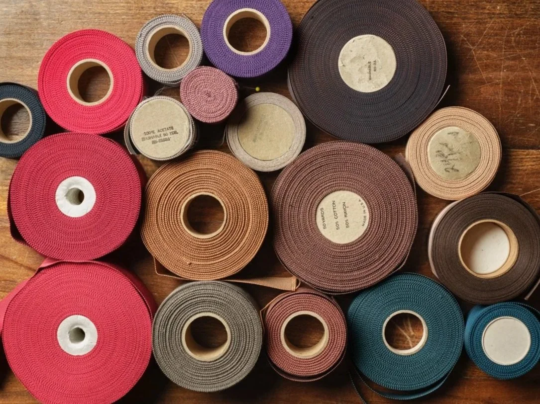 Various rolls of colorful adhesive or fabric tape arranged on a wooden surface.