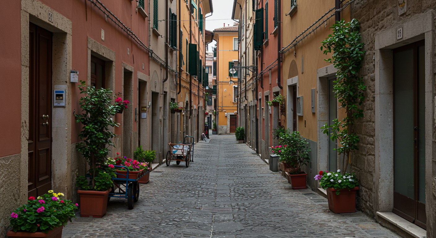 A narrow cobblestone street in an Italian town lined with colorful buildings, potted plants, flowers, and carts.