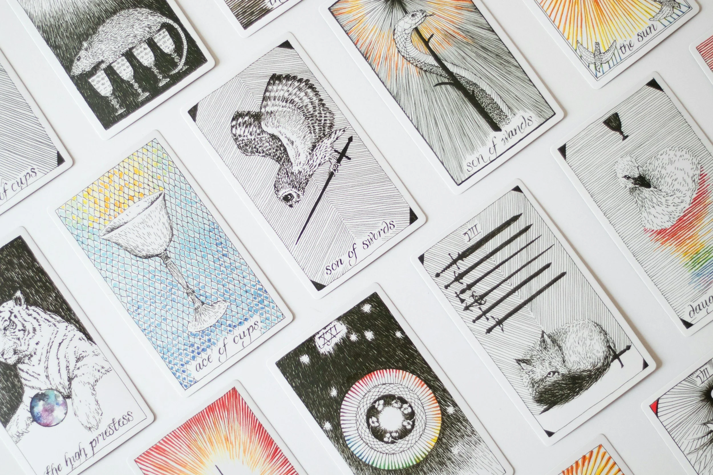 A collection of tarot cards featuring illustrations of animals and symbolic imagery, some colored and some black-and-white.
