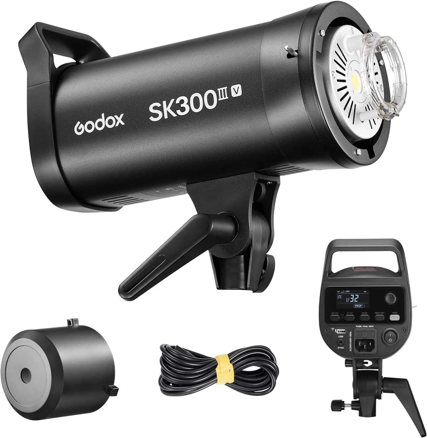 Studio strobe light with a reflective silver interior, black handle, and mount, labeled Aputure 300X LED