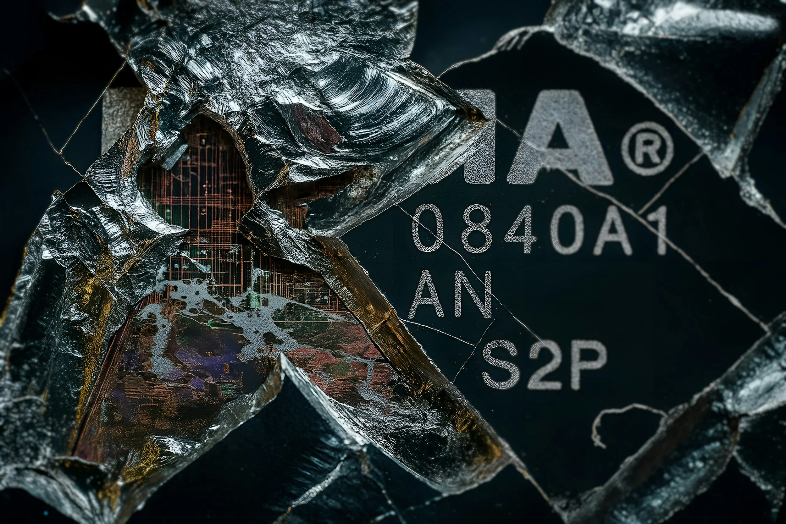 Close-up of broken black plastic with visible circuit board and white printed text, including the letters 'A', 'R' and the numbers '0840A' and '52P'.