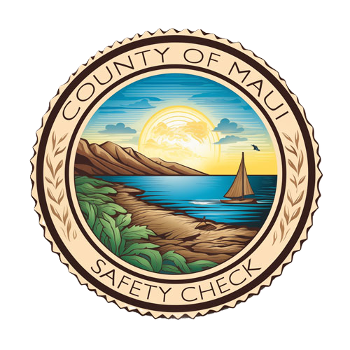 Seal for Maui County Safety Check with a scenic coastal landscape, including mountains, ocean, a sailboat, and a sunset or sunrise.