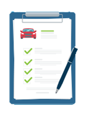 Clipboard with a checklist, a pen, and a picture of a red car at the top.