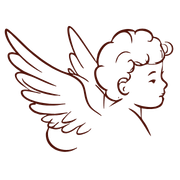 Outline of a winged angel or fairy with curly hair, facing to the right.