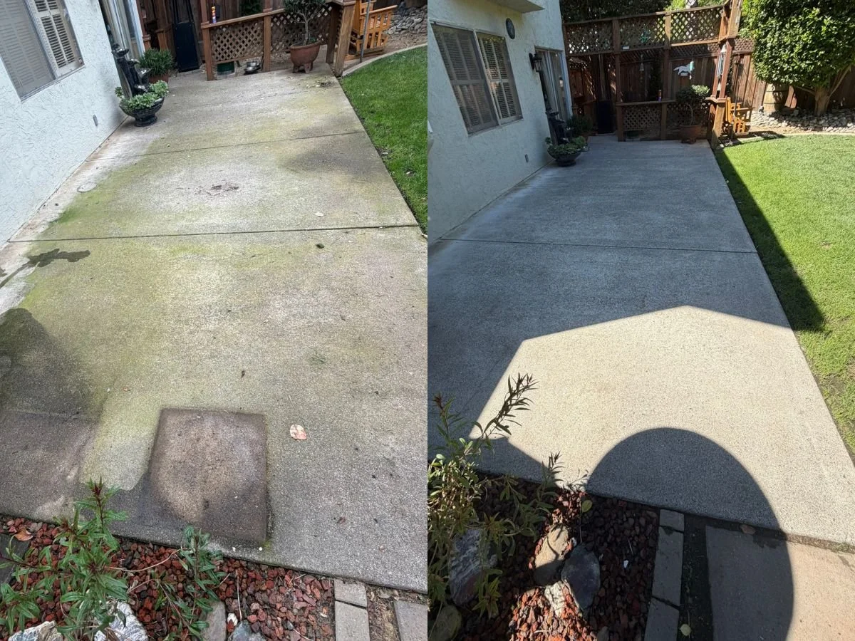 Before and after concrete patio cleaning showing dirt and organic buildup removed by Solano County Pressure Washing.
