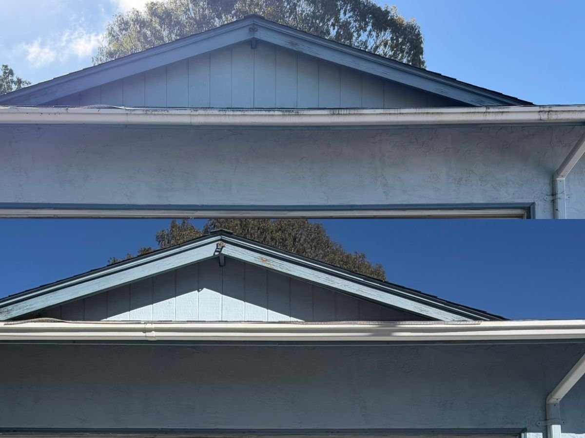 Before and after gutter brightening showing exterior staining and discoloration removed from residential gutters by Solano County Pressure Washing.