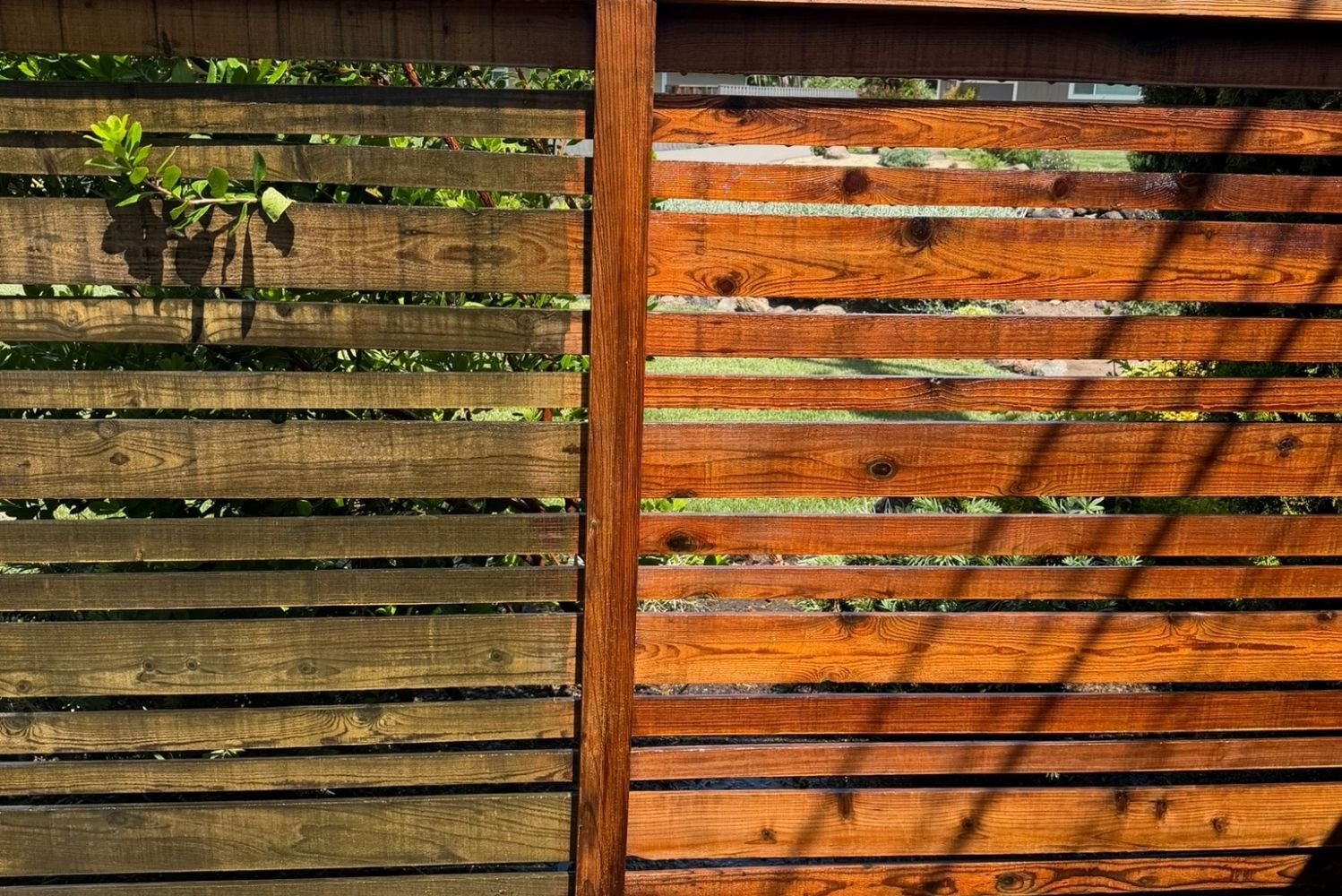Wood fence restoration in progress showing cleaned and weathered sections side by side by Solano County Pressure Washing.