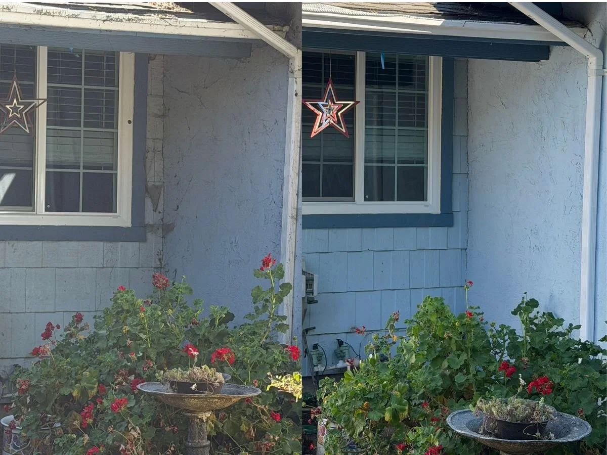 Before and after exterior cobweb removal showing cobwebs and debris removed from a residential home by Solano County Pressure Washing.