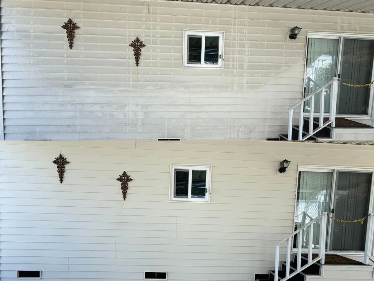 Before and after house soft washing showing exterior dirt and organic buildup removed by Solano County Pressure Washing.